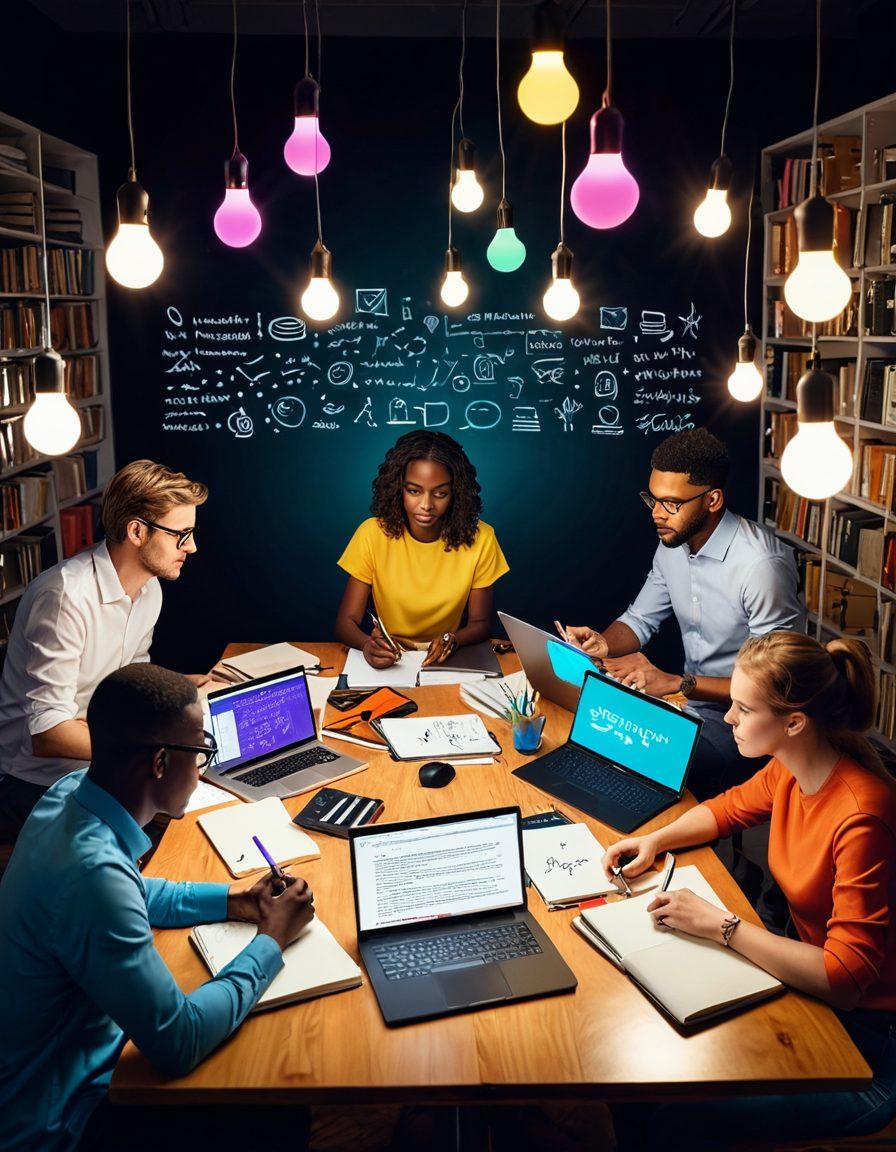 A diverse group of writers brainstorming around a table filled with notebooks and laptops, vibrant ideas visually illustrated as colorful light bulbs above their heads, showcasing dynamic interactions and collaborative energy. The background features a digital world with floating text and symbols representing various writing styles and platforms. super-realistic. vibrant colors. 3D.