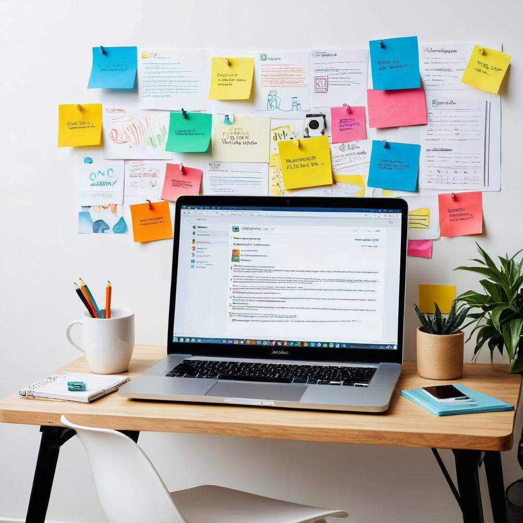 A digital workspace showcasing a laptop with an open blog page, vibrant social media icons floating around, a cup of coffee beside it, a notepad filled with brainstorming ideas, and colorful sticky notes on a wall with engagement metrics. super-realistic. vibrant colors. clean white background.